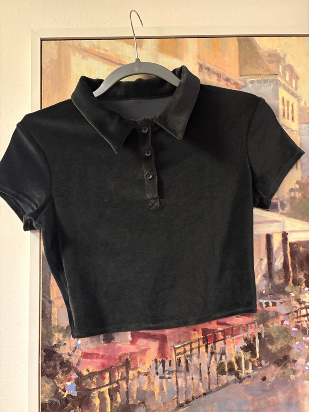 Alo Yoga Velour Choice Polo Black Cropped Short Sleeve Top XS - Picture 2 of 3